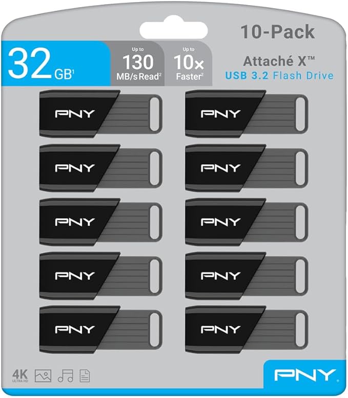 PNY 32GB Attaché X USB 3.2 Gen 1 Flash Drive, Advanced Performance Up to 130MB/s Read, Everyday Data Store & Transfer, Reliable Portable Storage, Durable, Type-A, Computers, Laptops, Desktops, 10-Pack
