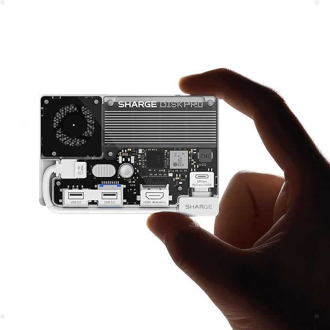 sharge Disk Pro 1TB Portable SSD with Active-Cooling Fan, 4-Port Hub with HDMI 2.1, 10 Gbps Built-in Cable, Magnetic External Solid State Drive for MacBook, PC and More - White