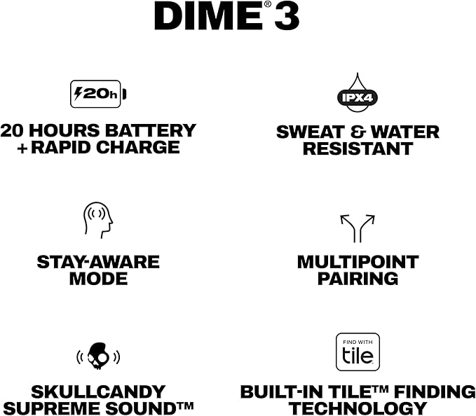 Skullcandy Dime 3 Wireless Earbuds, Bluetooth Headphones, Noise Isolating Fit, Up to 20 Hours Battery, Microphone for iPhone Android, Easy Carry with Integrated Lanyard - Preppy Blue