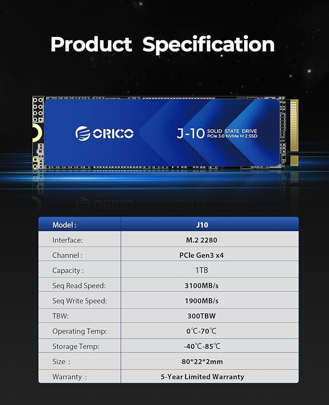 ORICO NVMe SSD 1TB M.2 with Heatsink, Up to 3100MB/s PCIe Gen3x4 2280 Internal Solid State Drive, SLC Cache 3D NAND, Compatible with Laptop and PC Desktops -J10
