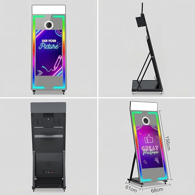 Magic Mirror Photo Booth 65’’ with Camera and Printer, Portable 43“ Touch Screen Mirror Photo Booth with APP Control, Professional Photography Fill Light for Wedding Event Party Rental (White, 65-43")