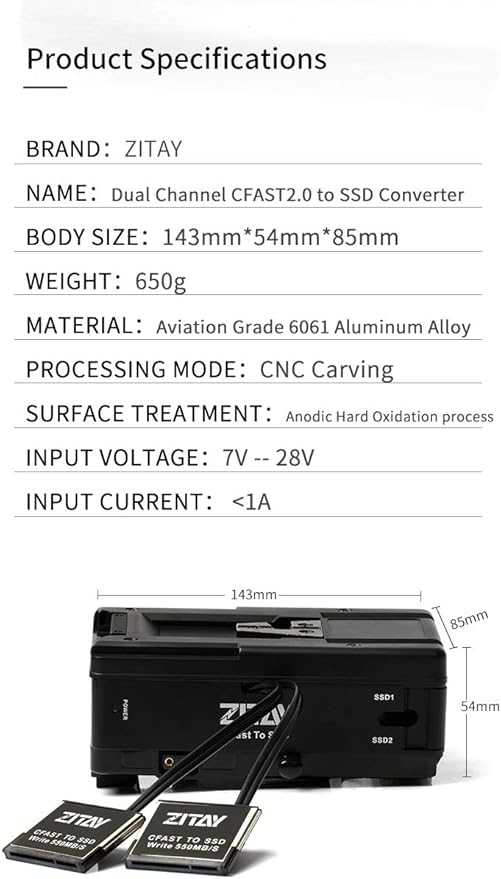CFast to SSD Adapter, Dual CFast 2.0 Memory Card 4TB to 2.5" SATA3 SSD Converter Compatible for Blackmagic URSA Mini 4K 4.6K Broadcast with Dual V Mount Battery Plate