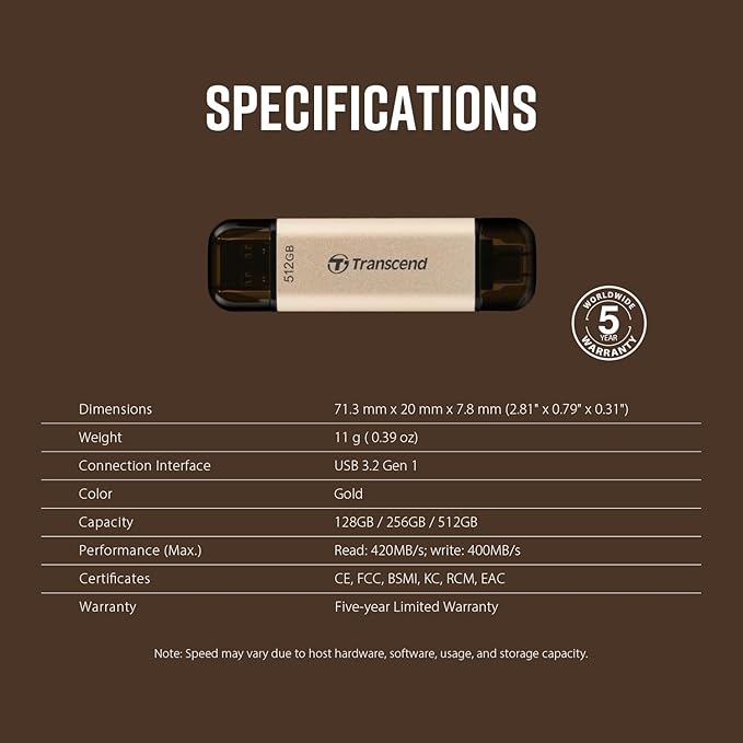 Transcend JF930 512GB Dual USB C Flash Drive for iPhone/iPad/Mac/Windows, Android/Tablet/PC/Gaming Console, Photo Stick Up to 420MB/s, USB 3.2 Thumb Drive, Memory Stick with 2-in-1 Type C &Type A
