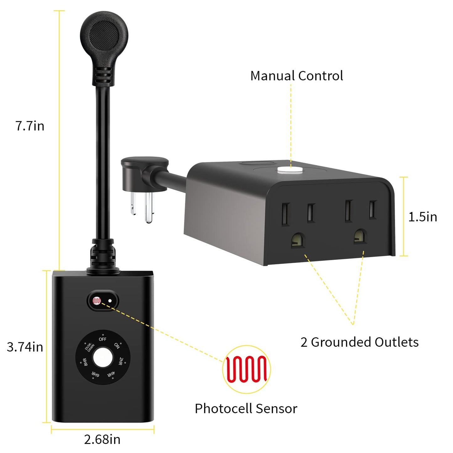 Minoston Outdoor Timer Outlet Waterproof with Remote, 2 Outlets Dusk to Dawn Plug, Light Sensor Countdown Timer 2 4 6 8 Hours 100Ft Remote Control Home Garden(MP42T)