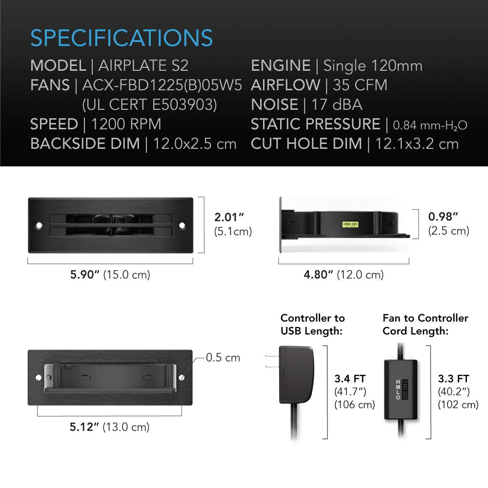 AC Infinity AIRPLATE S2, Quiet Cooling Blower Fan System 6" with Speed Control, for Home Theater AV Cabinets