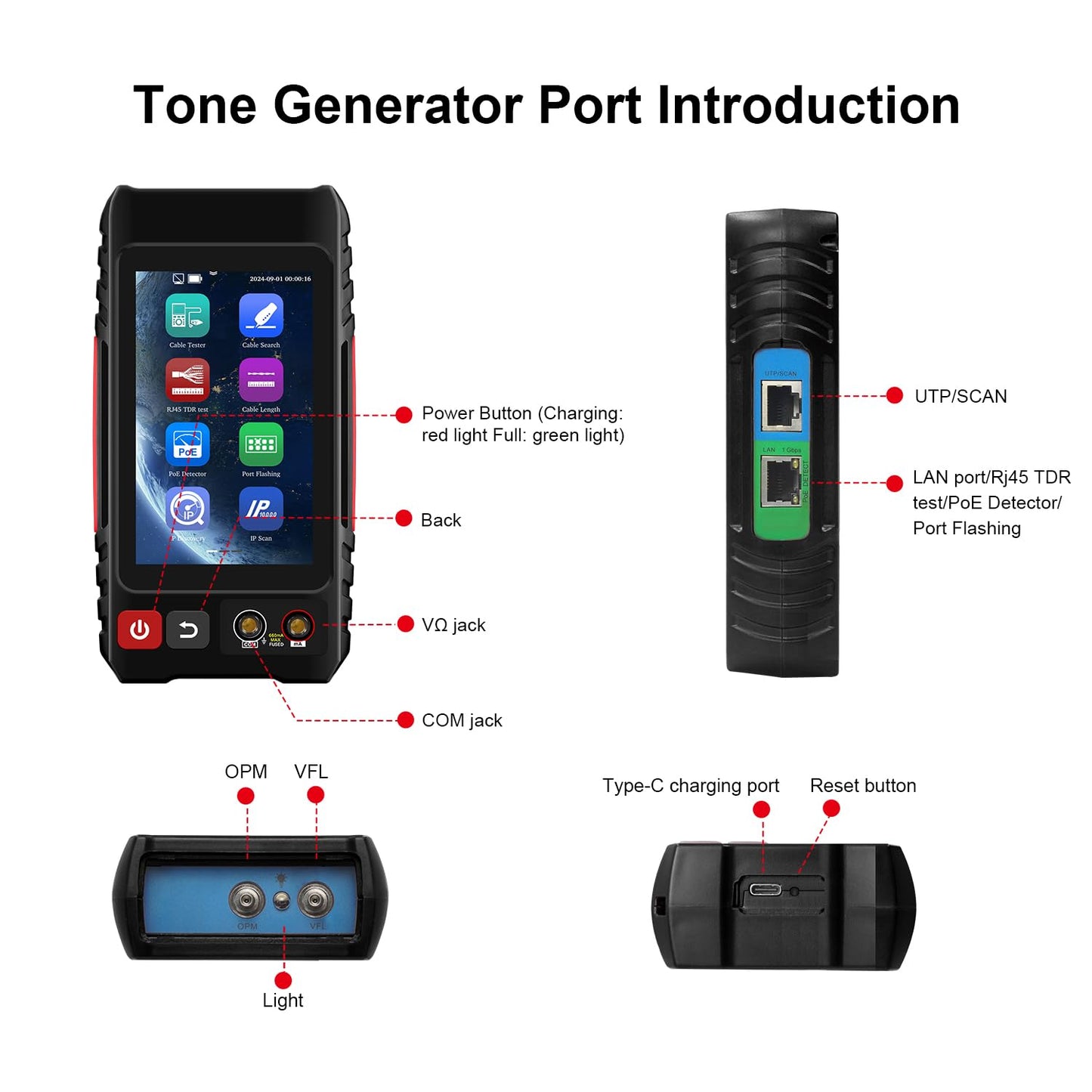 Rechargeable Network Cable Tester, WANLUTECH Tone Generator with Probe Support Digital Multimeter Optical Power Meter Visual Fault Locator Network Test PoE Test Cable Continuity Testing (LT-600M)