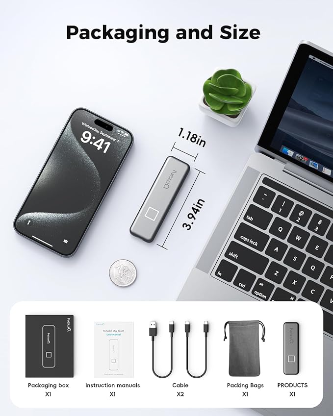 NEWQ 1TB Touch Portable SSD for USB C Device (with No-Cost APP), Backup, Encryption, Fingerprint, External SSD for iPhone 17/16/15, Android, Mac/Win, Laptop (Not for iPhones/iPad with Lightning Port)