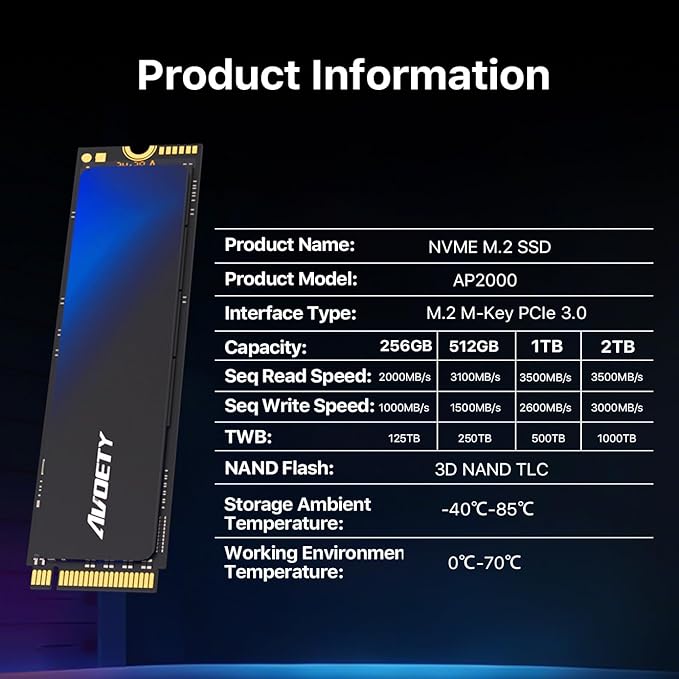 256GB M.2 2280 PCIe Gen3x4 NVMe SSD, Read Speed up to 2000MB/s, SLC Cache 3D NAND TLC M.2 SSD, Compatible with Laptop, Desktop & NVMe Enclosure