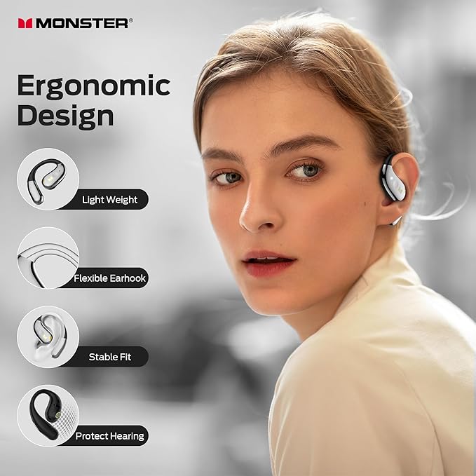 Monster Open Ear AC360, Wireless Bluetooth Rotary Earphone, with Lanyard, Upgraded Bluetooth 6.0, Touch Control, 24h Long Battery Life, IPX5 Waterproof,Long-Lasting Wear Without Fatigue(Black)