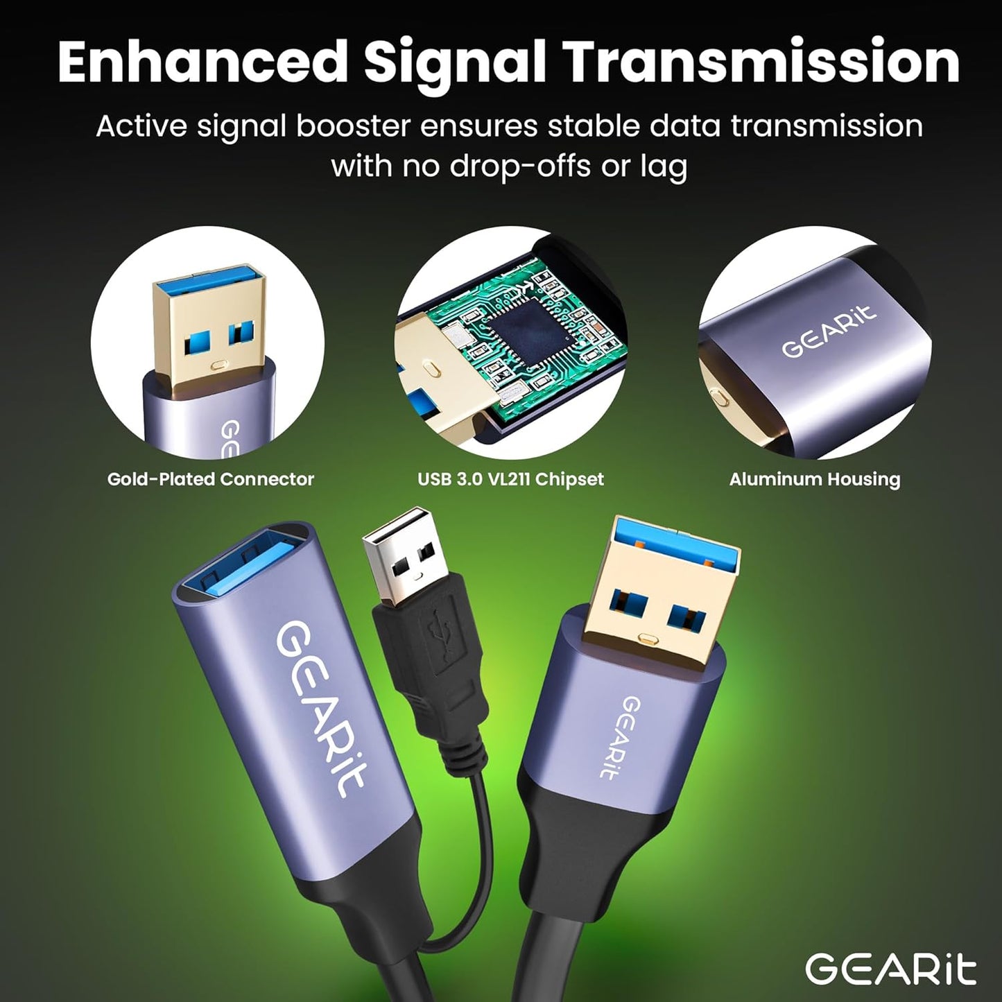 GEARit USB 3.0 Active Extension Cable (65 Feet) A-Male to A-Female USB Repeater with Signal Booster for Oculus Rift, Quest Link, Xbox 360 Kinect, PlayStation, Printer, Webcam - 65ft