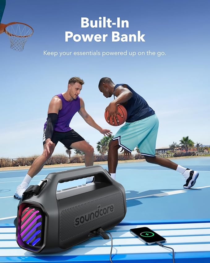 Soundcore Boom 2 Plus Portable Speaker by Anker, 140W, 2+2 Channel, BassUp 2.0, 20H Playtime, Fast Charge, IPX7 Waterproof, RGB Lights, Power Bank, Bluetooth 5.3, Outdoor Speakers, Camping, Beach