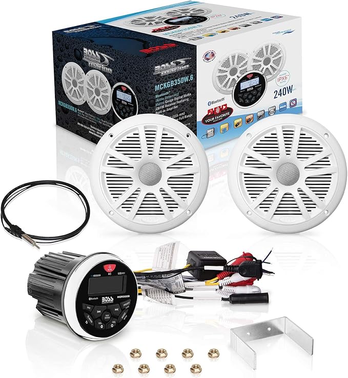 BOSS Audio Systems MCKGB350W.6 Weatherproof Marine Gauge Receiver and Speaker Package - IPX6 Receiver, 6.5 Inch Speakers, Bluetooth Audio, USB/MP3, AM/FM, NOAA Weather Band Tuner, no CD Player