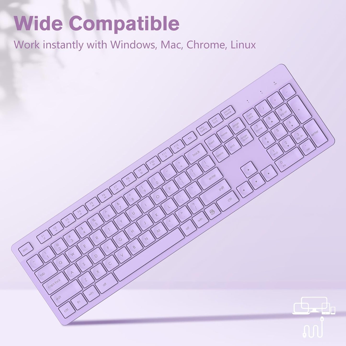 LeadsaiL Purple Wireless Keyboard, 2.4GHz Full-Sized Ergonomic Computer Keyboard, Cordless Noiseless Keyboard,12 FN Shortcuts for Windows MacOS Laptop Computer