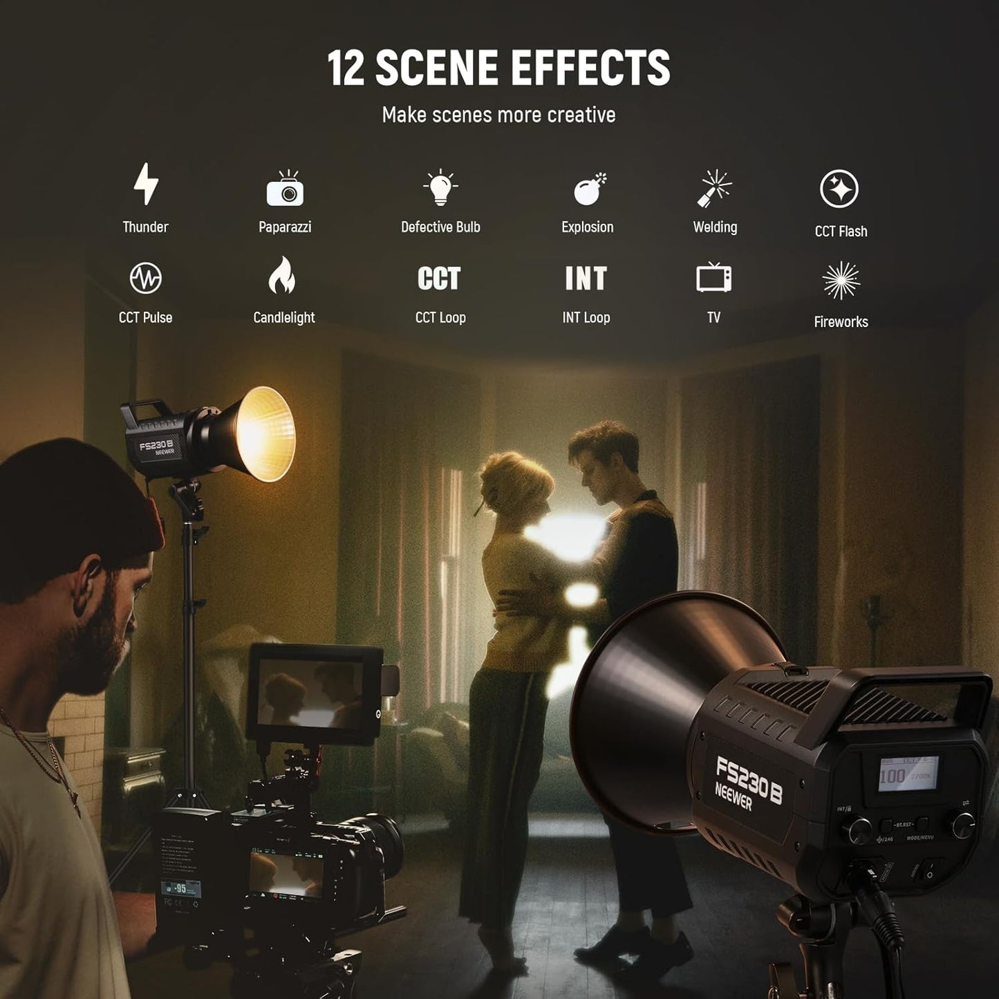 NEEWER FS230B LED Video Light 2.4G/APP Control, 230W Bi Color COB Silent Photography Continuous Output Lighting with 4 PWM Dimming Types, 110000lux/m, 2700K-6500K, CRI 97+, 12 Scenes, Bowens Mount