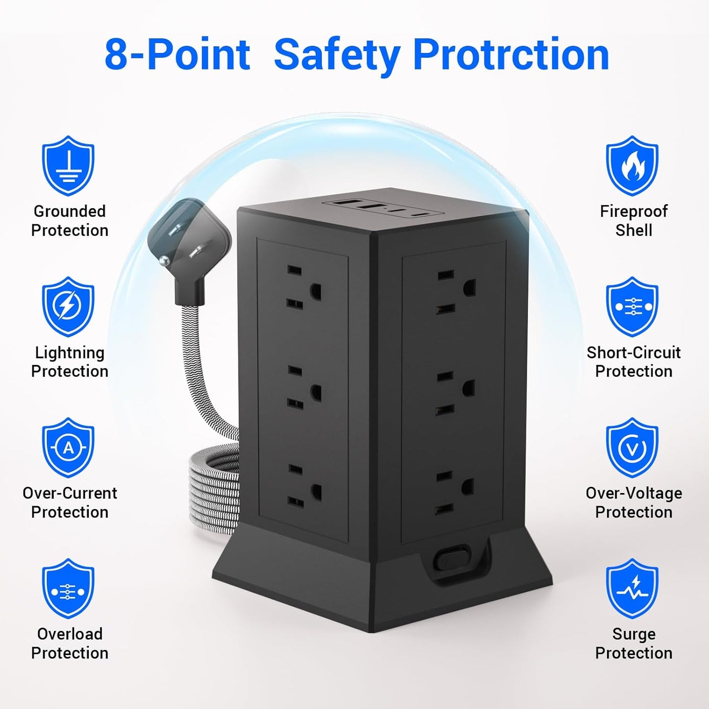 Power Strip Tower with Multiple Outlets, 6.5 Ft Extension Cord Flat Plug with 12 AC Outlets 4 USB Ports (2 USB C), Power Tower Surge Protector with Individual Switches for Home Office Dorm Room, Black