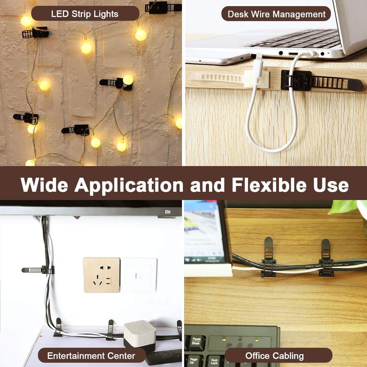 Adhesive Cable Management Clips, 100Pcs Adjustable Nylon Cable Strap Ties Wire Clips Clamps Organizer with Strong Adhesive Tape, Extra Screw & Hole for Strong Fixation Home Office - 3.35 Inch Black
