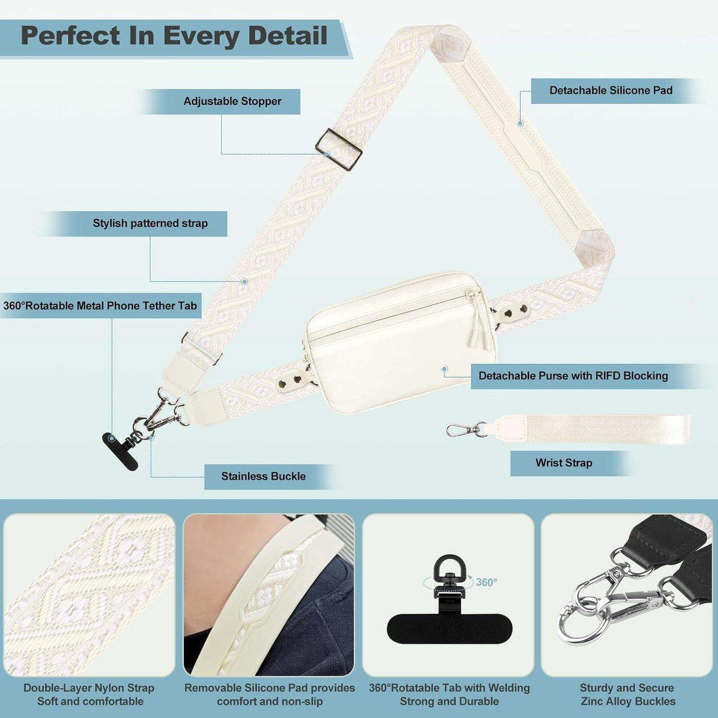 Clip and Go Strap for Phone with Wallet Crossbody, Adjustable Phone Lanyard with Detachable RFID Wristlet Wallet, Pattern Strap - Cream (L)