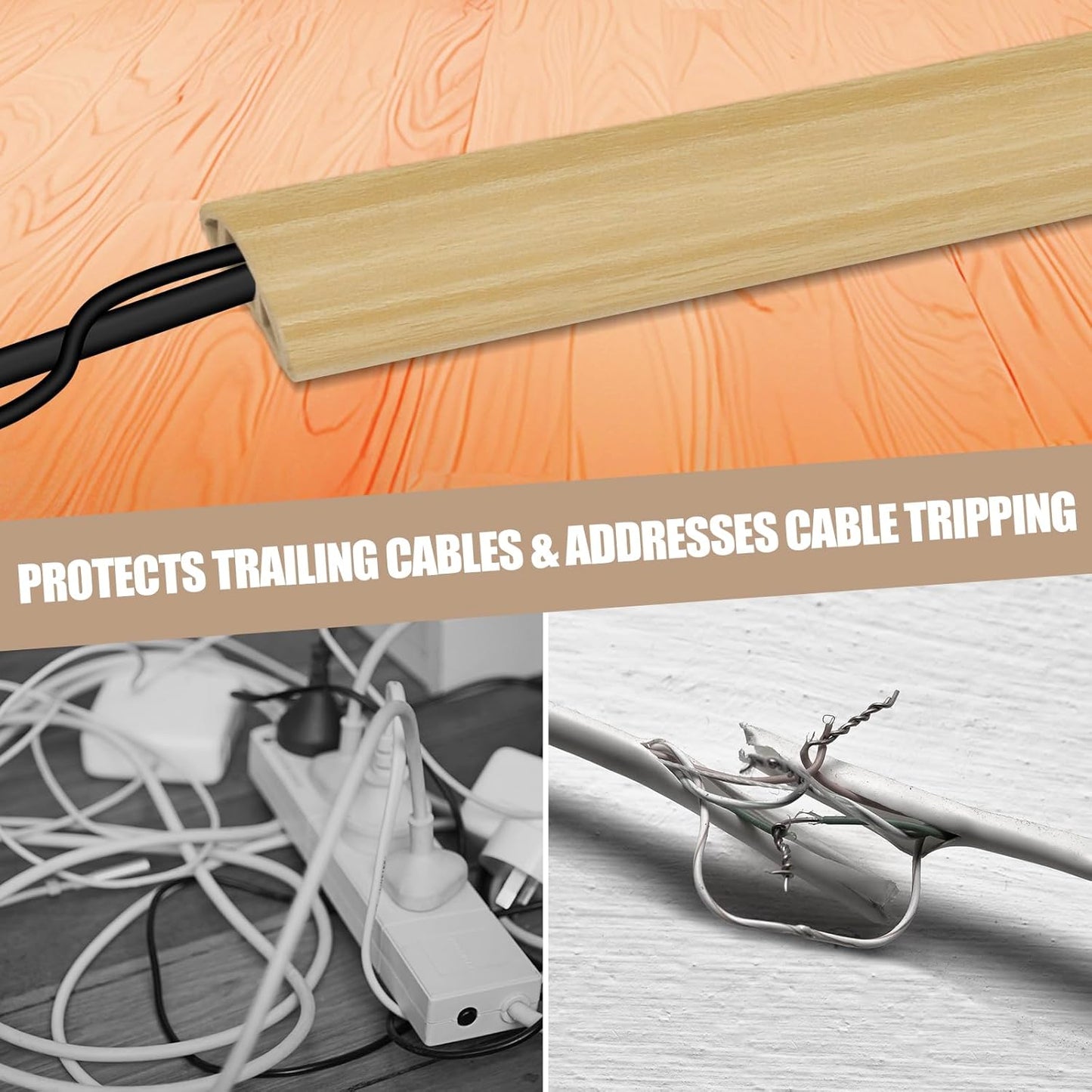 Floor Cord Cover Self Adhesive Cord Hider,10FT Cable Management, Extension Strip Protector for Wires, Prevent Cable Trips for Offices, Gyms, Exhibitions Cavity:0.39"(W) x0.27(H) WoodLightyellow