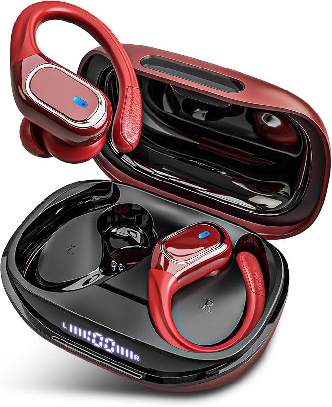 Wireless Earbuds Bluetooth 5.3 Headphones with 80H Playback, IPX7 Waterproof Over Ear Buds with LED Power Display for Sports Running Workouts(Cola Red)