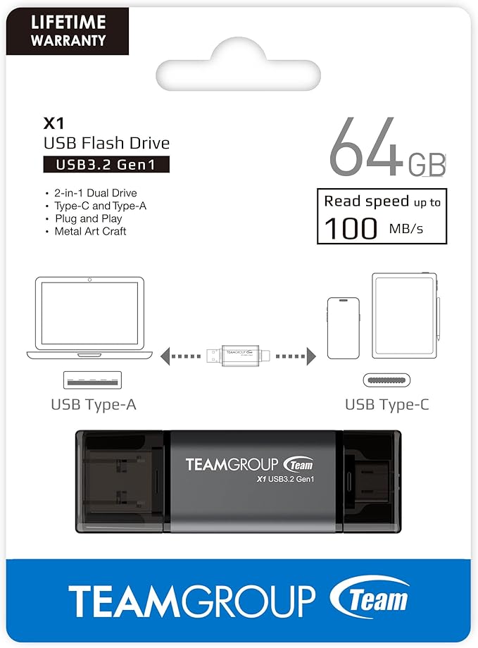 TEAMGROUP X1 64GB USB 100MB/s 3.2 Gen 1 Type A & Type C (3.1/3.0) OTG Dual Interface USB Flash Drive Data Storage Memory Stick Compatible with Smartphone/Tablet/Laptop/PC/MacBook TX1364GC01