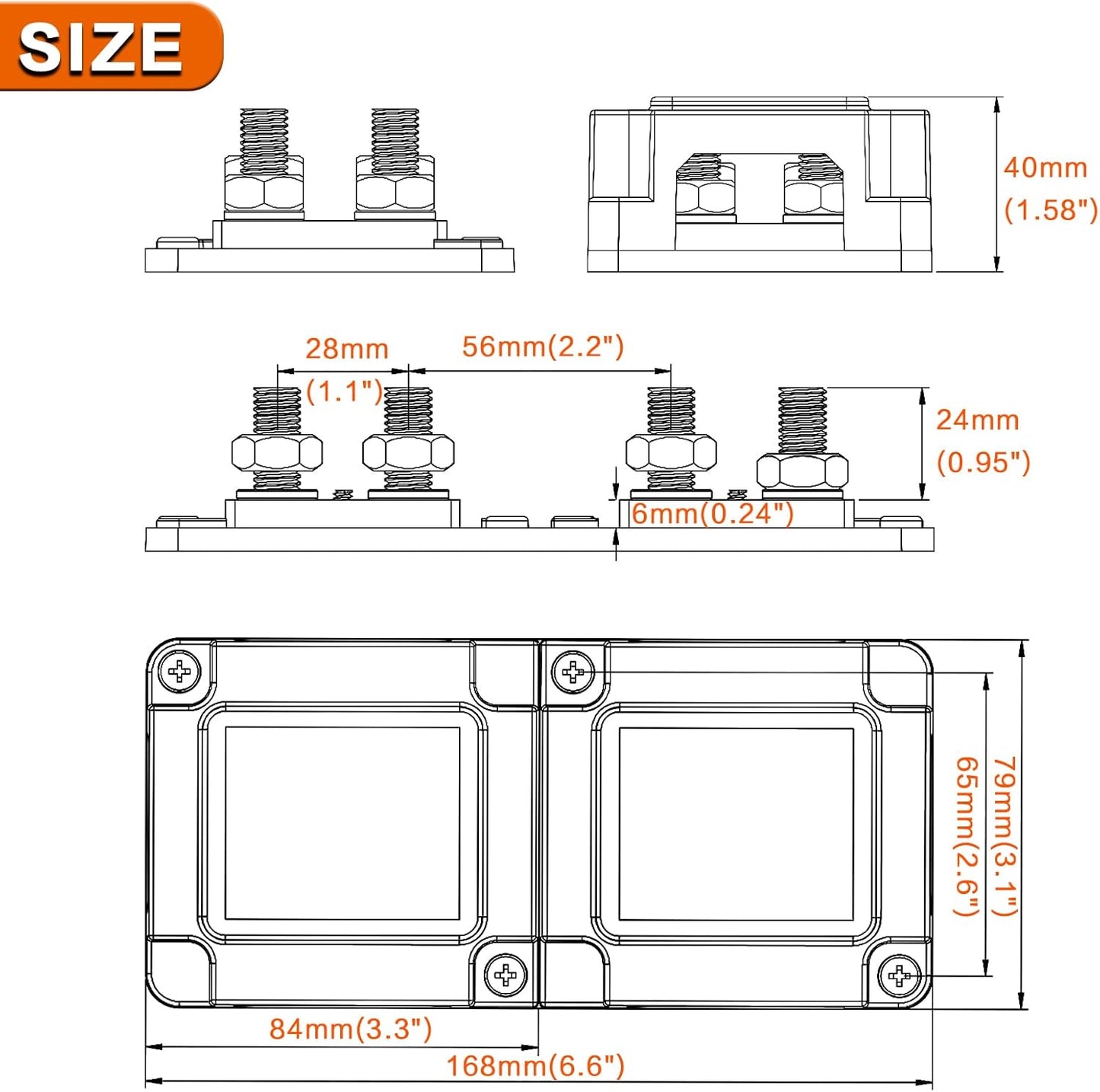 Heavy Duty 400A 12-48V Tin-Plated Copper Block Bus Bar 8xM10(3/8") Studs Independent Modular Positive Negative Ground Battery Junction Block Buss Bar for Solar System Marine Truck Boat