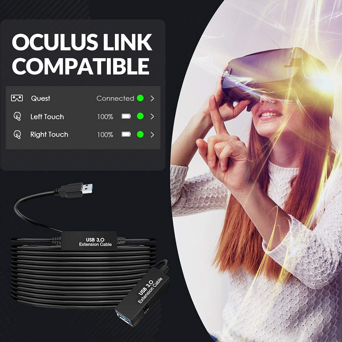 33FT USB 3.0 Active Extension Cable,USB Extension Cord A-Male to A-Female,Compatible with Oculus Quest 3 VR,Headset,Hard Drive,Printer,Webcam,Scanner,PS4 More