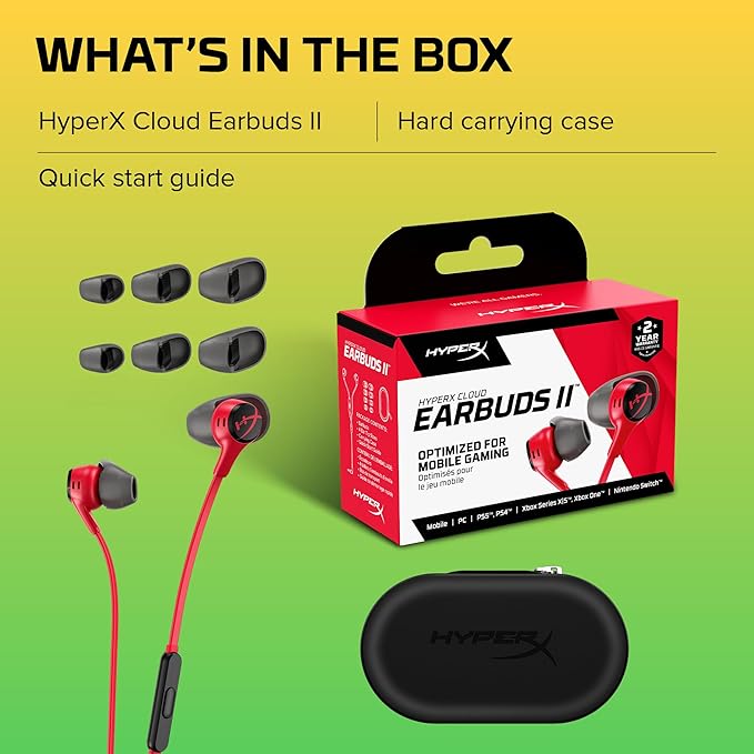 HyperX Cloud Earbuds II – 14mm Drivers, Four Eartips, Hard-Shell Carrying Case, Low-Profile 90° Plug, 3.5mm Plug, Built-in Microphone, Multi-Function Button, PC, Mobile, Nintendo Switch – Red