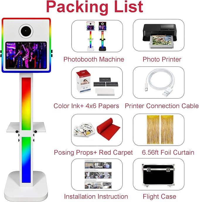 Photo Booth with Printer, Portable Selfie Photobooth Machine 15.6-in Mirror Touch Screen for Events Wedding Birthday School Party Rental RGB Lights Stand (Black Color+ Printer No Camera)