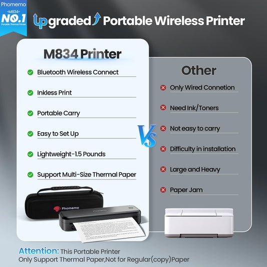 Phomemo Portable Printers Wireless for Travel Upgraded, M834 Bluetooth Thermal Printer 8.5" x 11"& A4 Size,Inkless Mobile Printer with Carry Case for Travel,Office,School,Car,Home,Black