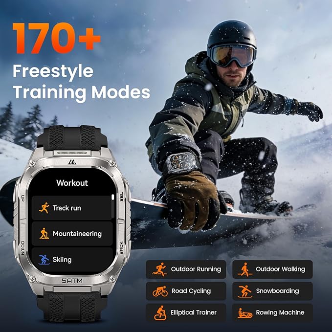 KOSPET Tank M4C Outdoor Smart Watch with GPS, 1.96" AMOLED Display, Built-in LED Flashlight & Walkie-Talkie, Long Battery Life, 5ATM Waterproof, Bluetooth Calls, 24/7 Heart Rate/Sleep Monitor