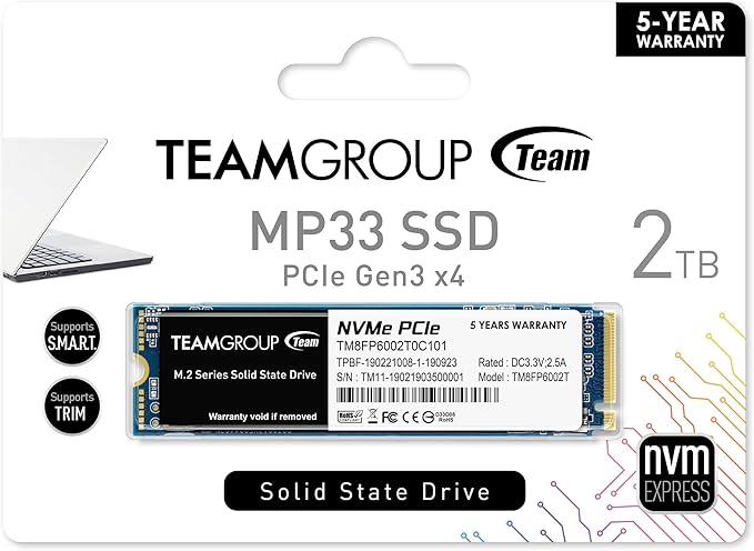 TEAMGROUP MP33 2TB SLC Cache 3D NAND TLC NVMe 1.3 PCIe Gen3x4 M.2 2280 Internal Solid State Drive SSD (Read/Write Speed up to 1,800/1,500 MB/s) Compatible with Laptop & PC Desktop TM8FP6002T0C101
