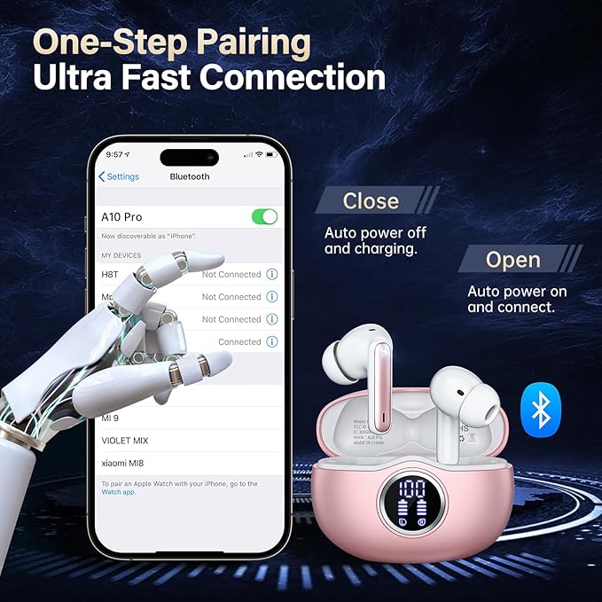 A10 Pro Wireless Earbuds Bluetooth 5.3 HiFi Stereo, 50H Playback LED Digital Display Earphones, ENC Noise Cancelling Mic, Ergonomic Sport Headphone Headset for Gym/Running/Work - Rose Gold