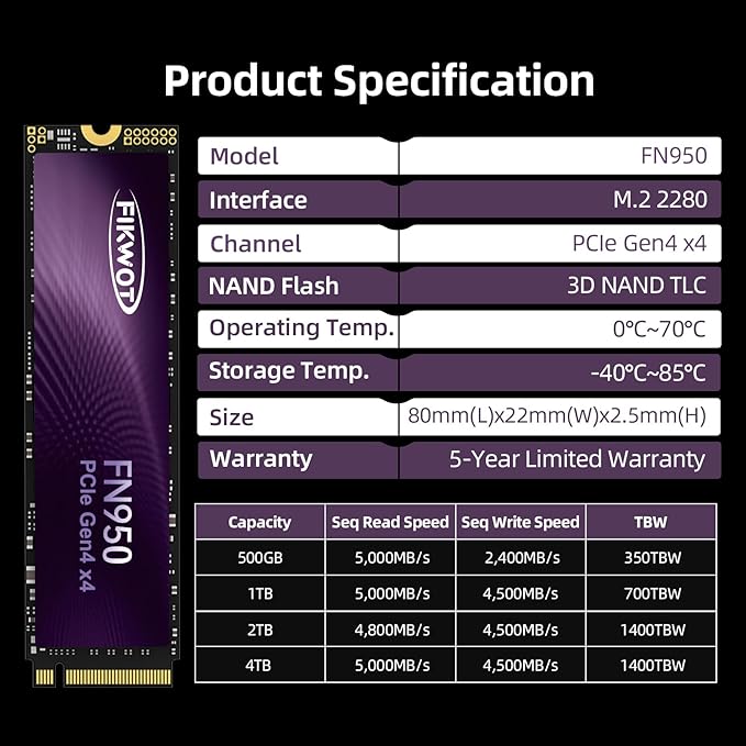 FN950 4TB NVMe SSD PCIe Gen4x4 M.2 2280,Read Up to 5000MB/s, Configure SLC Cache, Internal Solid State Drive for PS5 Laptop Desktop