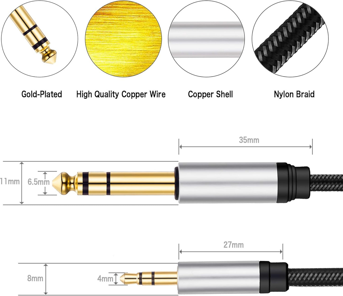 3.5 mm to 6.35 mm Audio Cable 50Ft, Gold-Plated Terminal Silver Color Zinc Alloy Housing 3.5mm 1/8" Male TRS to 6.35mm 1/4" Male TRS Nylon Braided Stereo Audio Cable for Cellphone and More(50Ft/15M)