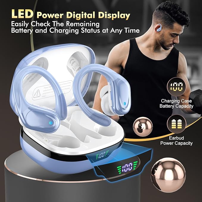 Wireless Earbuds, Bluetooth Headphones, Ear Buds with 80hr Playtime, LED Power Display, Noise Canceling, LED Power Display, IPX7 Waterproof Earphones for Gym/Workout/Sport(Blue)