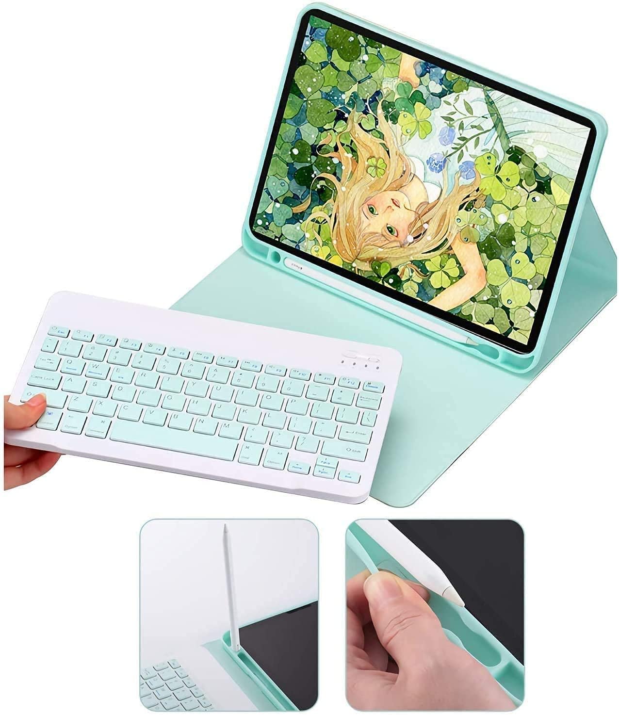 AnMengXinLing Lovely Keyboard Case for iPad 9th/8th/7th Generation with Mouse,Case for iPad9 iPad8 iPad7 10.2 inch with Pencil Holder and Deatachable Keyboard Mouse, Mint Green
