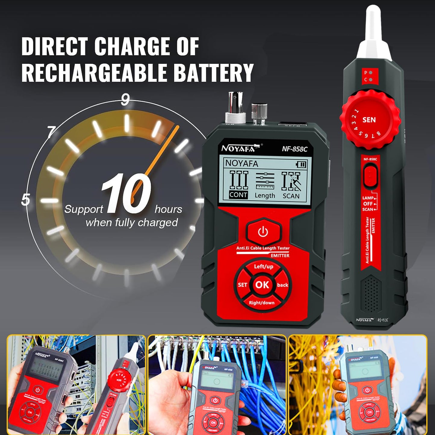 NOYAFA NF-858C Network Cable Tester Multifunctional with VFL Function,RJ11 RJ45 BNC,POE Voltage Testing Trace Cable Line Locator for Telephone/Ethernet/LAN Coax Cable Rechargeable Anti-Interference