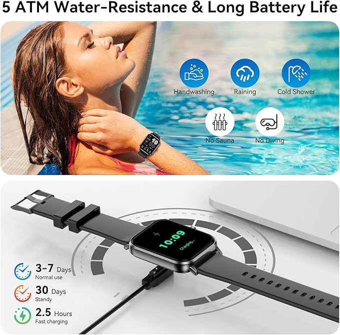 Smart Watches for Men Women, 1.83" HD Touchsreen, Bluetooth Calling, 5 ATM Water-Resistance, 130+ Sports Modes, Health, Fitness & Sleep Tracker, Timer, Pedometer, Fitness Watch for Android/iOS, Black