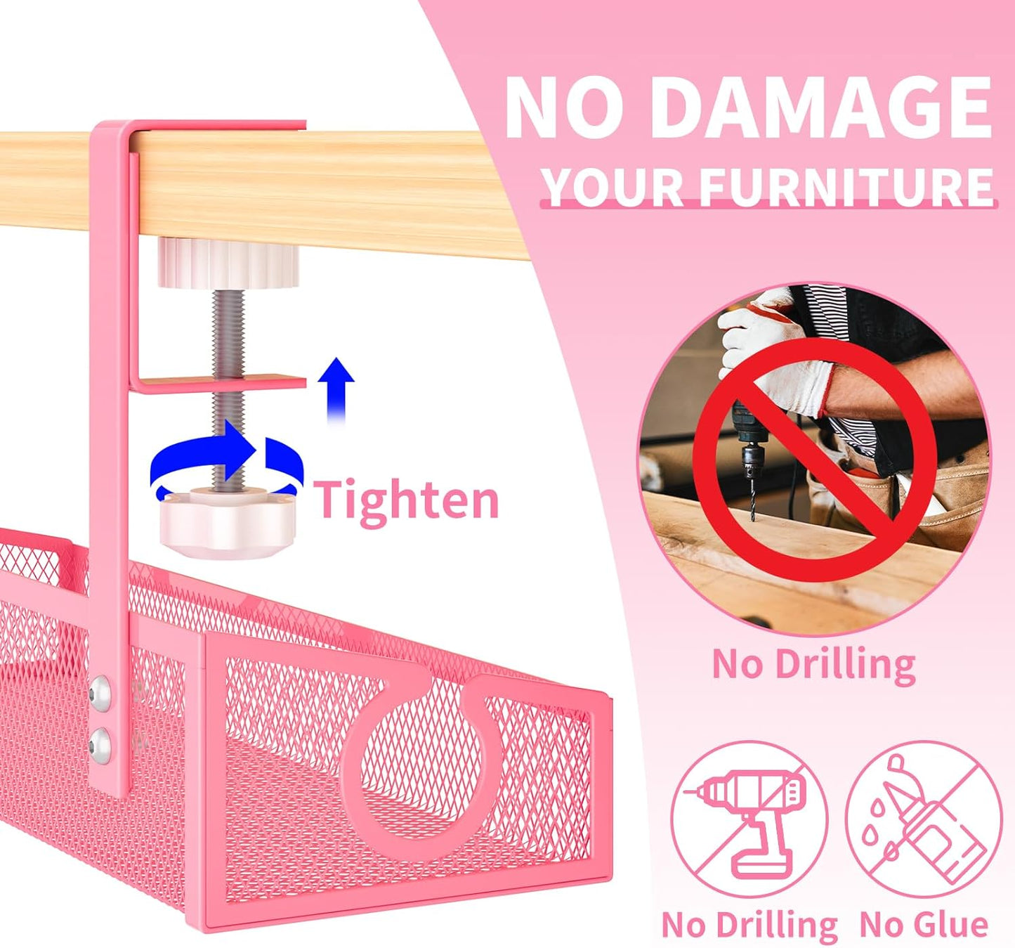 Under Desk Cable Management Tray Black, No Drill Desk Cable Wire Management Organizer with Clamp, PC Cord Organizer Accessories & Workspace for Office, Home(Pink)