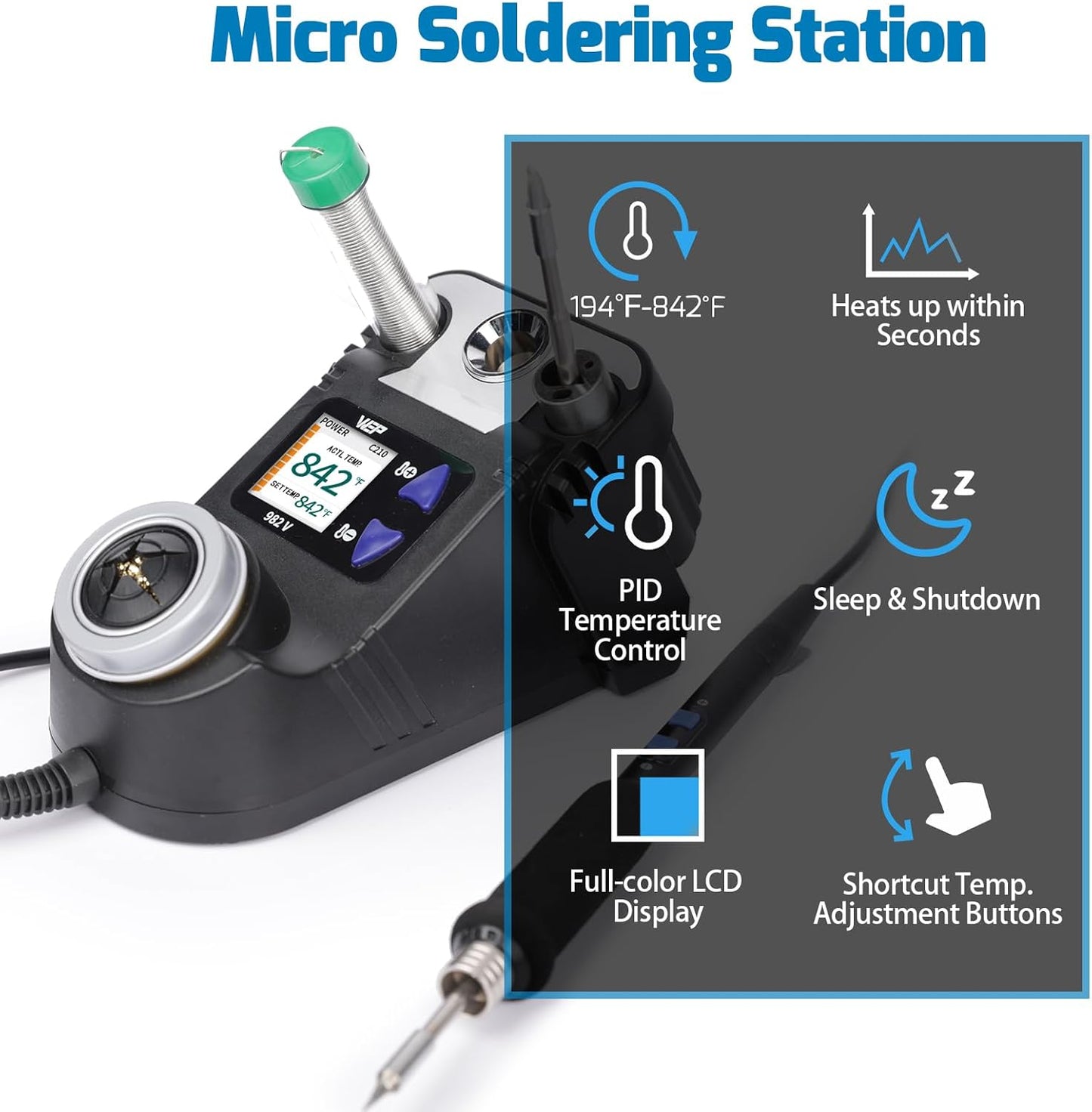WEP 982-V Micro Soldering kit with 5 C210 Soldering Iron Tips, Temperature Control, Sleep Mode, Auto Shutdown and LCD Display