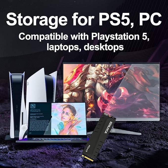 1TB PS5 SSD with Heatsink PCIe Gen4 NVMe M.2 Gaming SSD, 7400MB/s Read, 1GB DRAM Cache, 3D TLC | Internal Solid State Drive Compatible with PS5 & PC(EN855)
