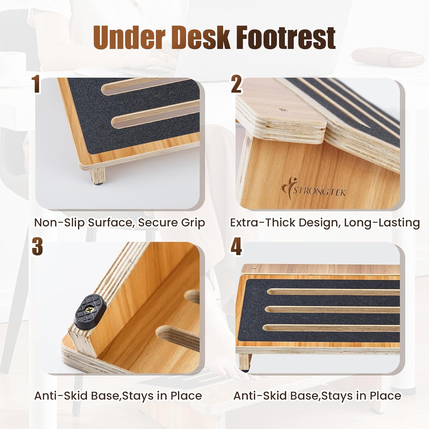 StrongTek Ergonomic Foot Rest Support, Under Desk Footrest, Non-Slip Foot Stool, 4" High, Improve Posture, Reduce Fatigue & Pain, 300lbs Capacity, Ideal for Office & Gaming, Enhance Health and Comfort