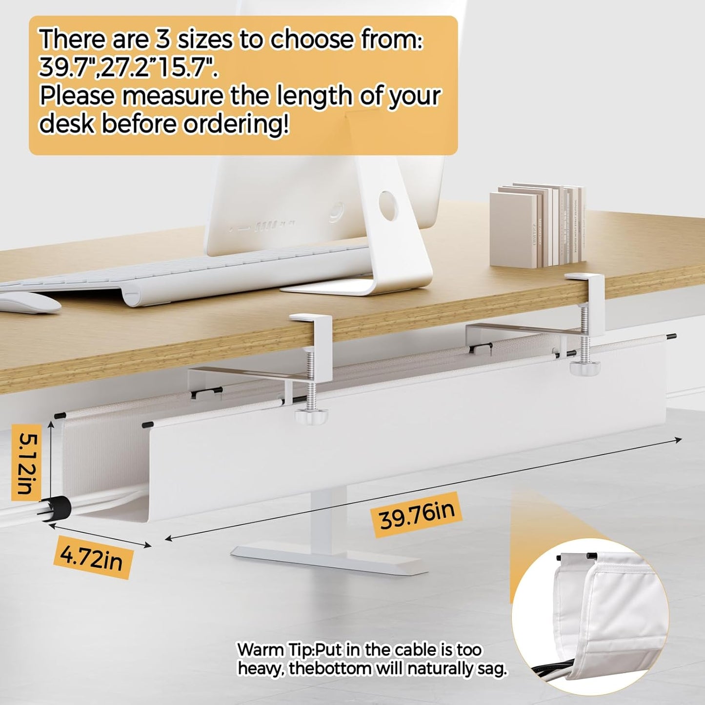 Under Desk Cable Management Tray 39.7" - No Drill Computer Wire Organizer Cable Tray, Cord Hider Clamp Mount with 16X Cable Ties PC Cables Management Cord Holder for Office/Home (Upgrade Fabric,White)