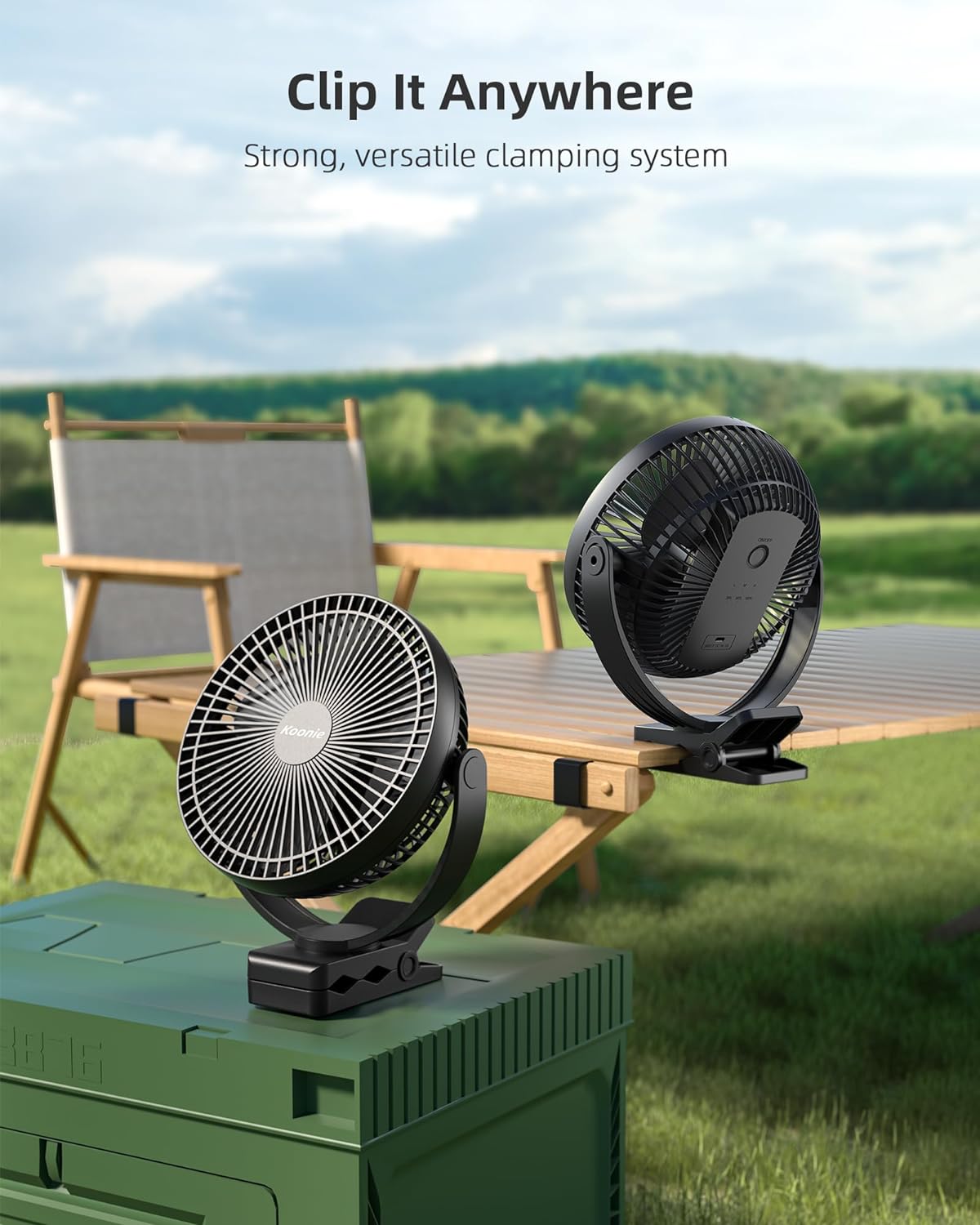 Koonie 10000mAh Clip on Fan Rechargeable, 8-Inch Battery Operated Desk Fan, USB Fan, 4 Speeds, Strong Airflow, Sturdy Clamp for Golf Cart Office Desk Outdoor Travel Camping Tent Gym Treadmill,Black
