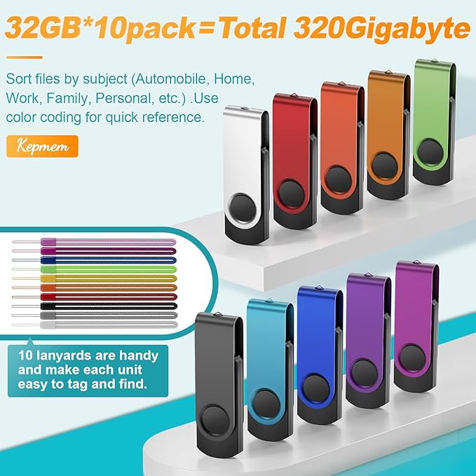 Kepmem 8GB Flash Drive 10 Pack Thumb Drives Bulk, Multipack Zip Drive 8 GB USB Memory Sticks Metal Swivel Pen Drive, Portable Jump Drive Value Multicoloured Pendrives with 10pcs Ropes
