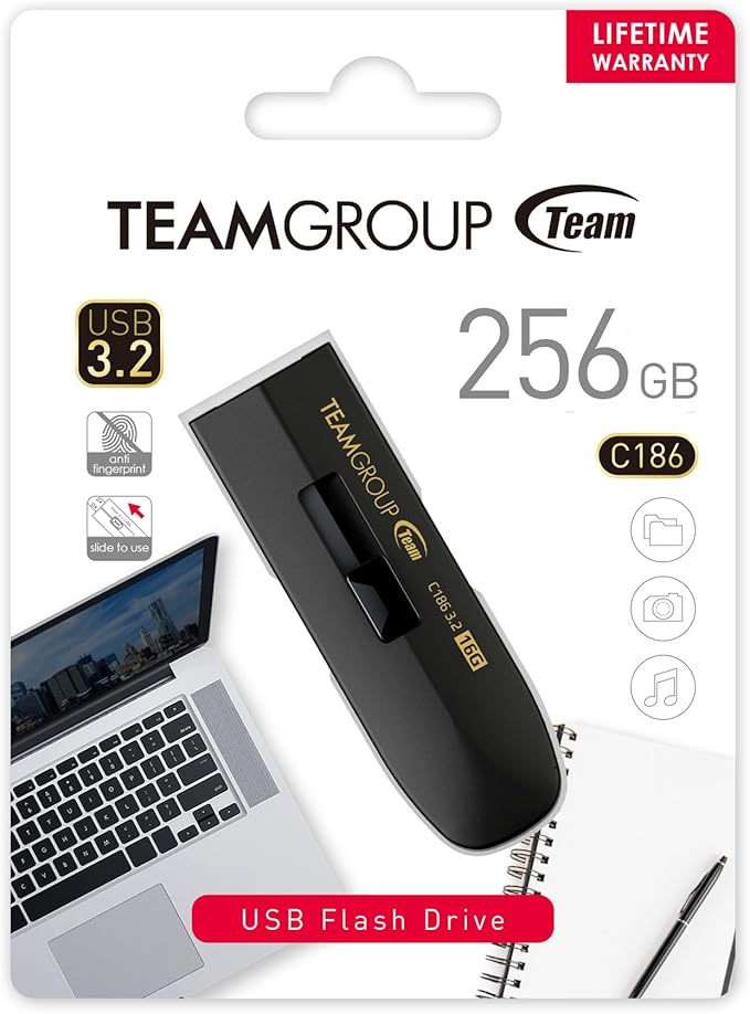 TEAMGROUP C186 256GB USB 3.2 Gen 1 (USB 3.1/3.0) Read 100MB/s Flash Thumb Drive, External Data Storage Memory Stick Compatible with Computer/Laptop Black TC1863256GB01
