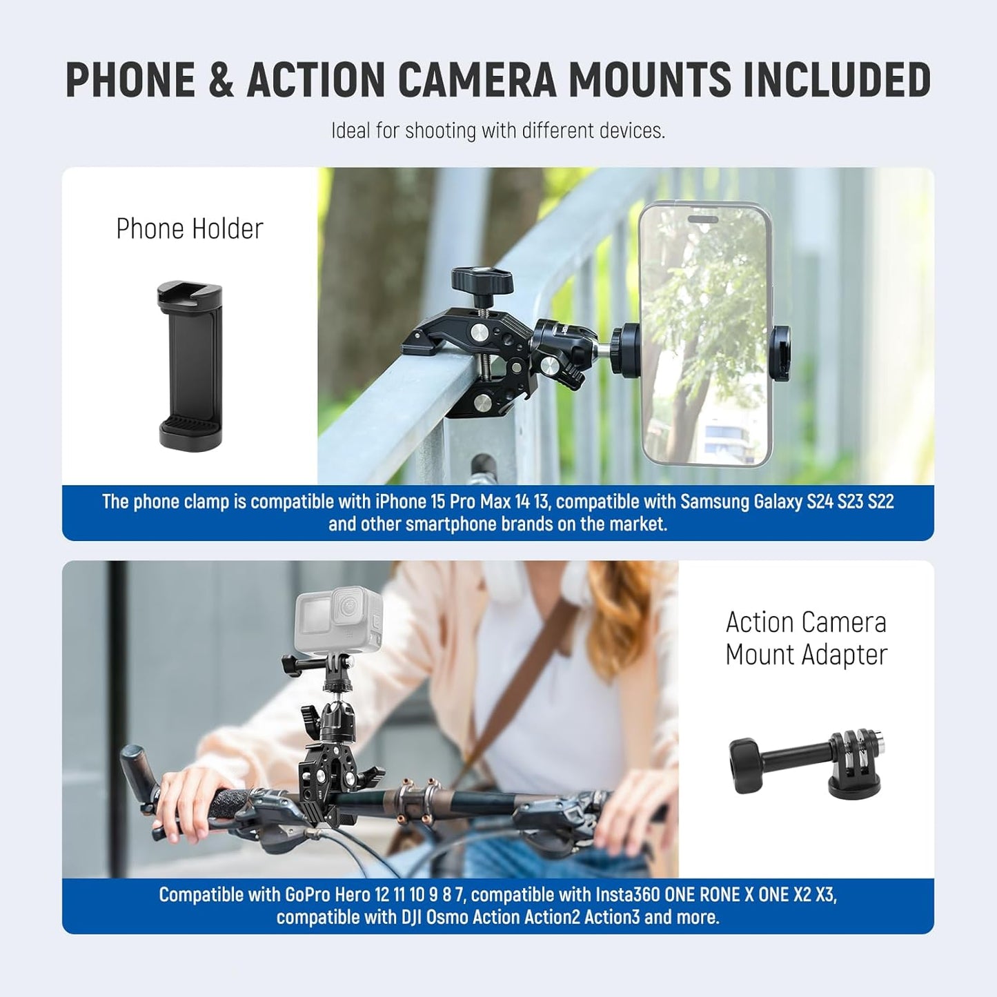 Neewer Super Clamp with Ballhead, Cold Shoe, Phone Holder and Action Camera Mount Adapter for Flat/Round Surface Compatible with GoPro DJI iPhone 15 Pro Max, ST87