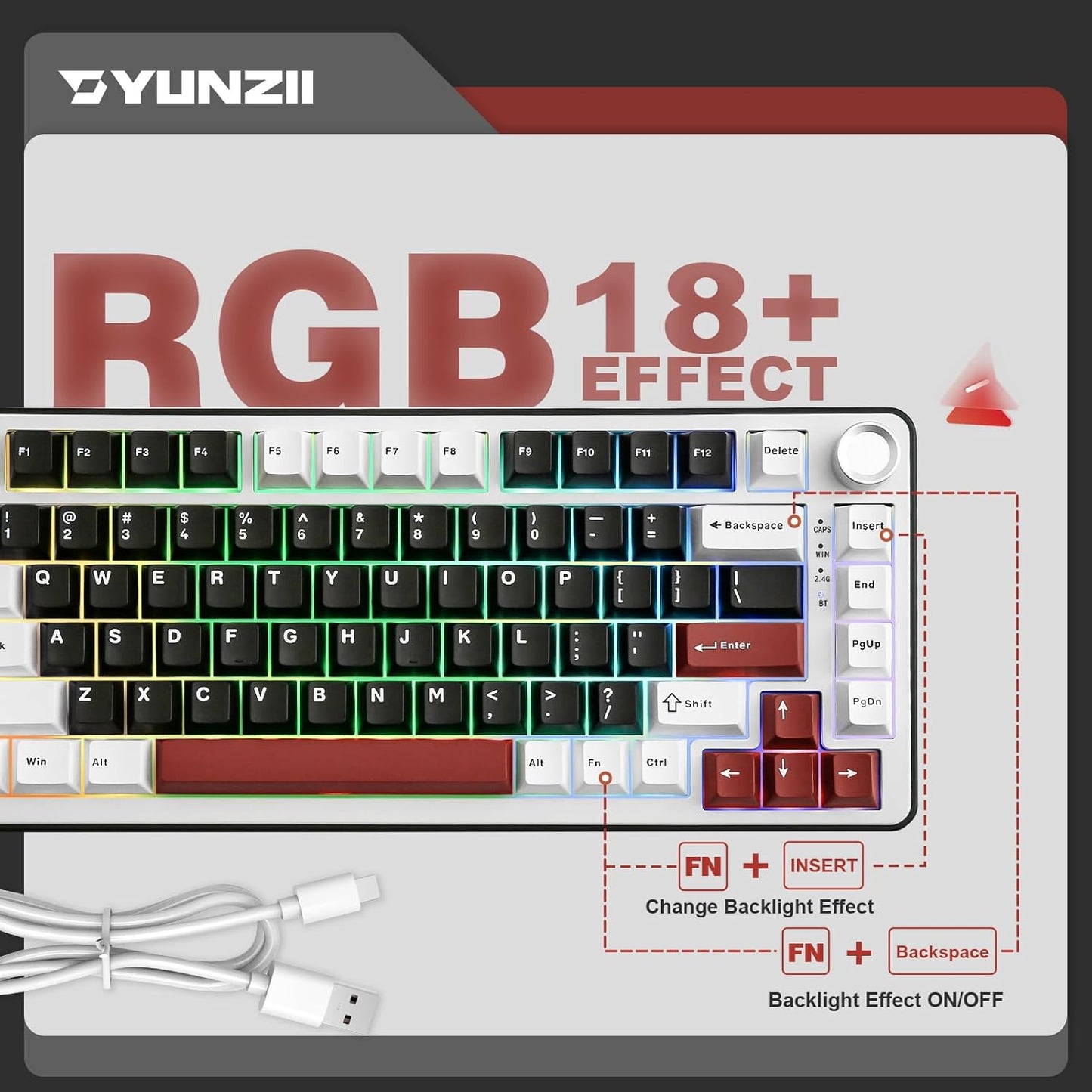 YUNZII B75 PRO Wireless Mechanical Keyboard,75% Layout with Knob,Hot Swap Gasket Custom Structure,Creamy Pre-lubed Switches,RGB Backlit,Bluetooth/Type-C/2.4G for Win/Mac(Cocoa Cream V2 Switch,Black)