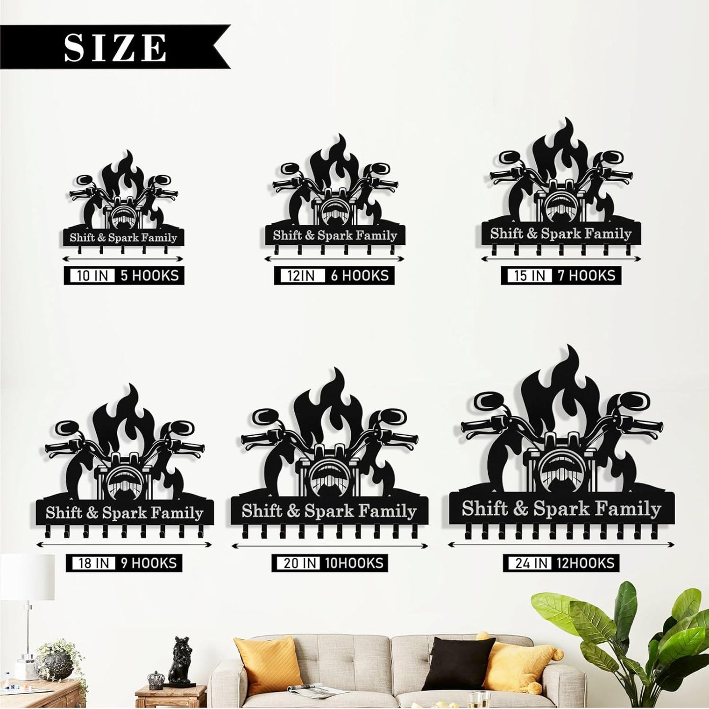 Personalized Flaming Motoclycle Key Holder Wall Mount, Custom Metal Key Rack Key Holder with name, Deer Cabin Wall Keys Hanger with Hooks for Entryway, Front Door, Hallway, Kitchen, Living Room