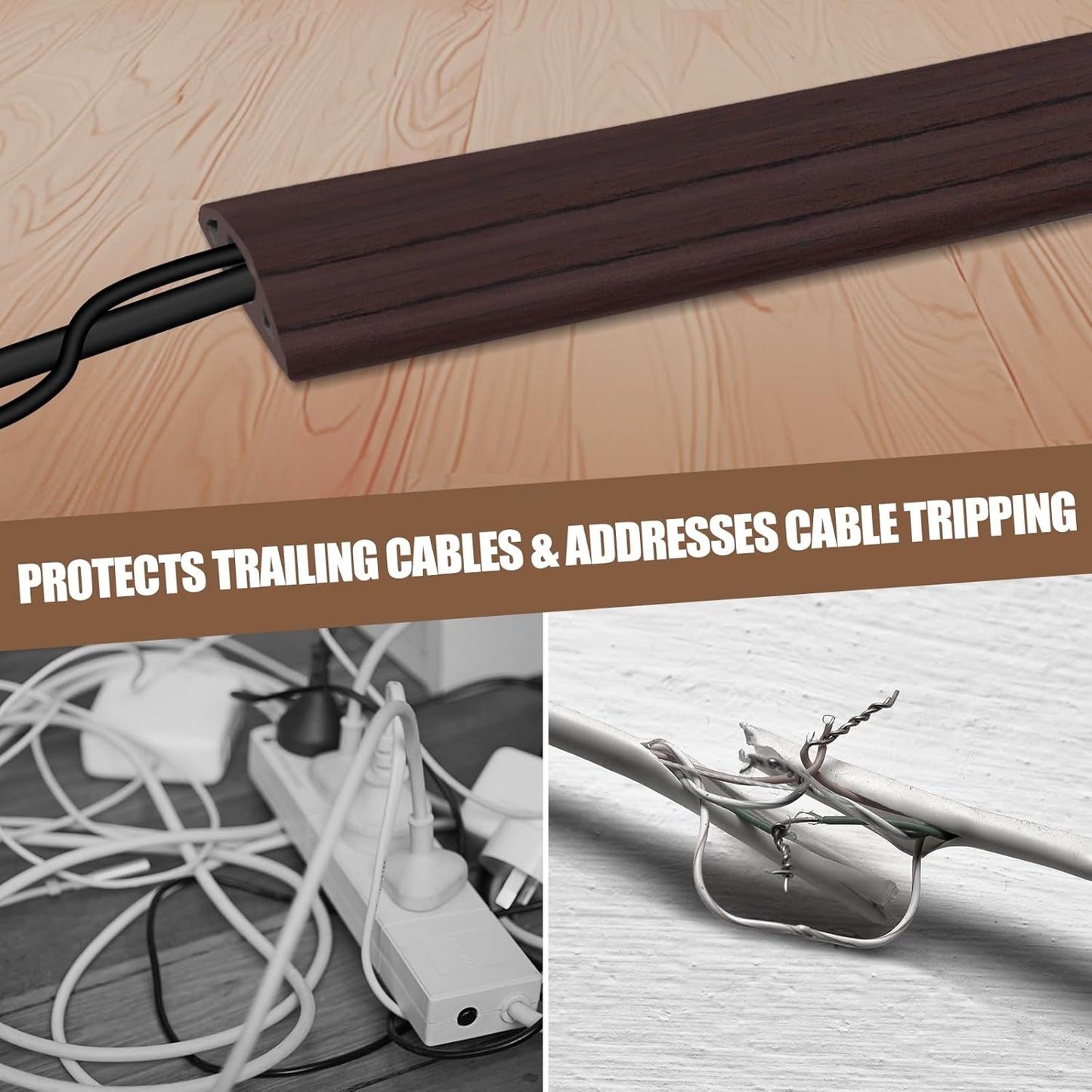 Floor Cord Cover Cavity 0.8"x0.37" Self Adhesive Cord Hider, 10FT Low Profile Cable Management, Extension Strip Protector for Wires, Prevent Cable Trips for Offices, Gyms, Exhibitions(Black Wood)